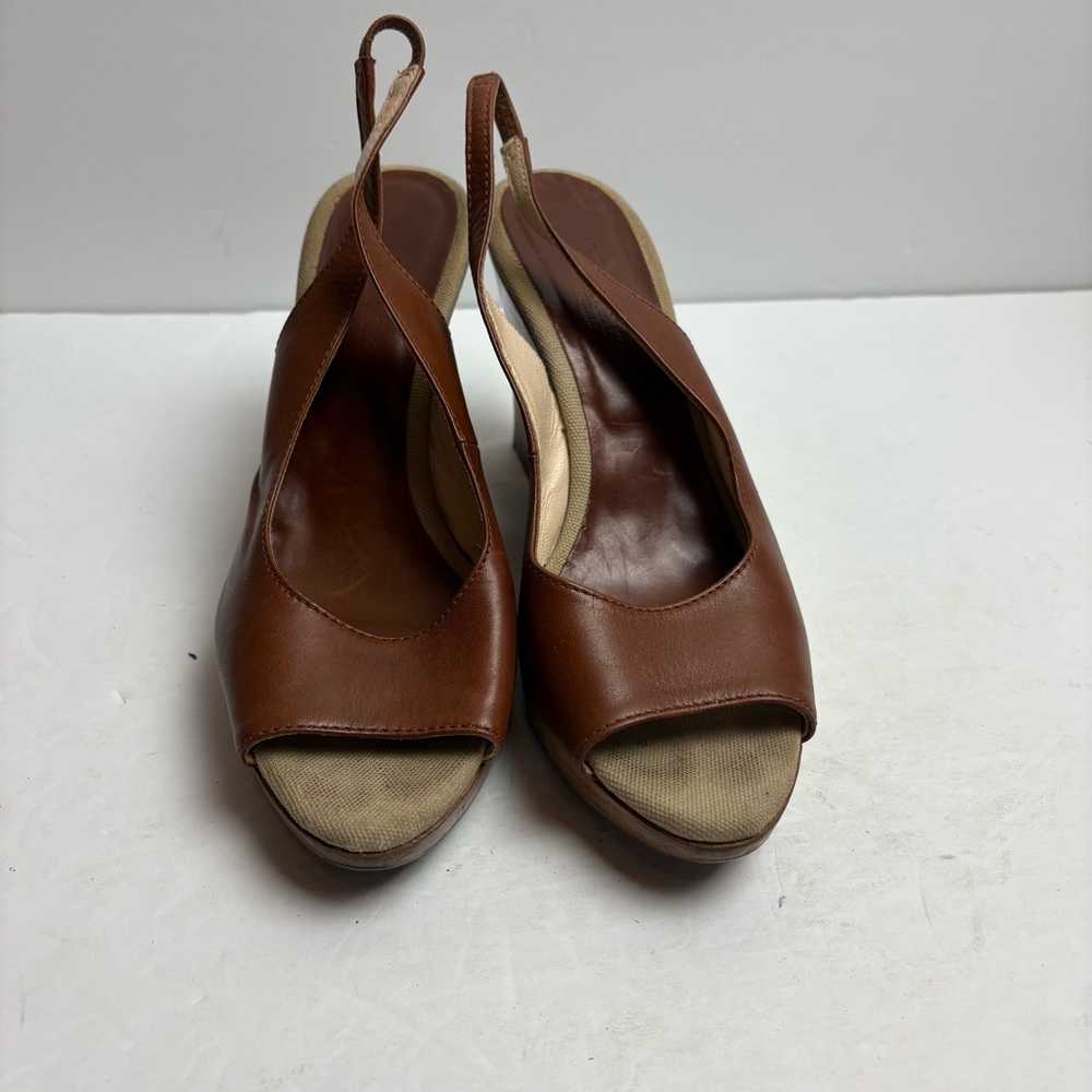 MaxMara Brown Leather Slingback Wedge Sandals Women’s size 37 6.5 Italy - Picture 3 of 10